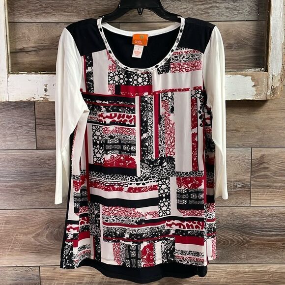 Hearts of Palm 3/4 Sleeve Blouse,Size Small, White,Black & Red Abstract Design - Picture 1 of 5